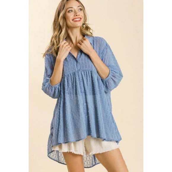 Umgee Tops - UMGEE Dusty Blue Swiss Dot Chiffon Tiered BOHO Tunic Top Size Medium NEW